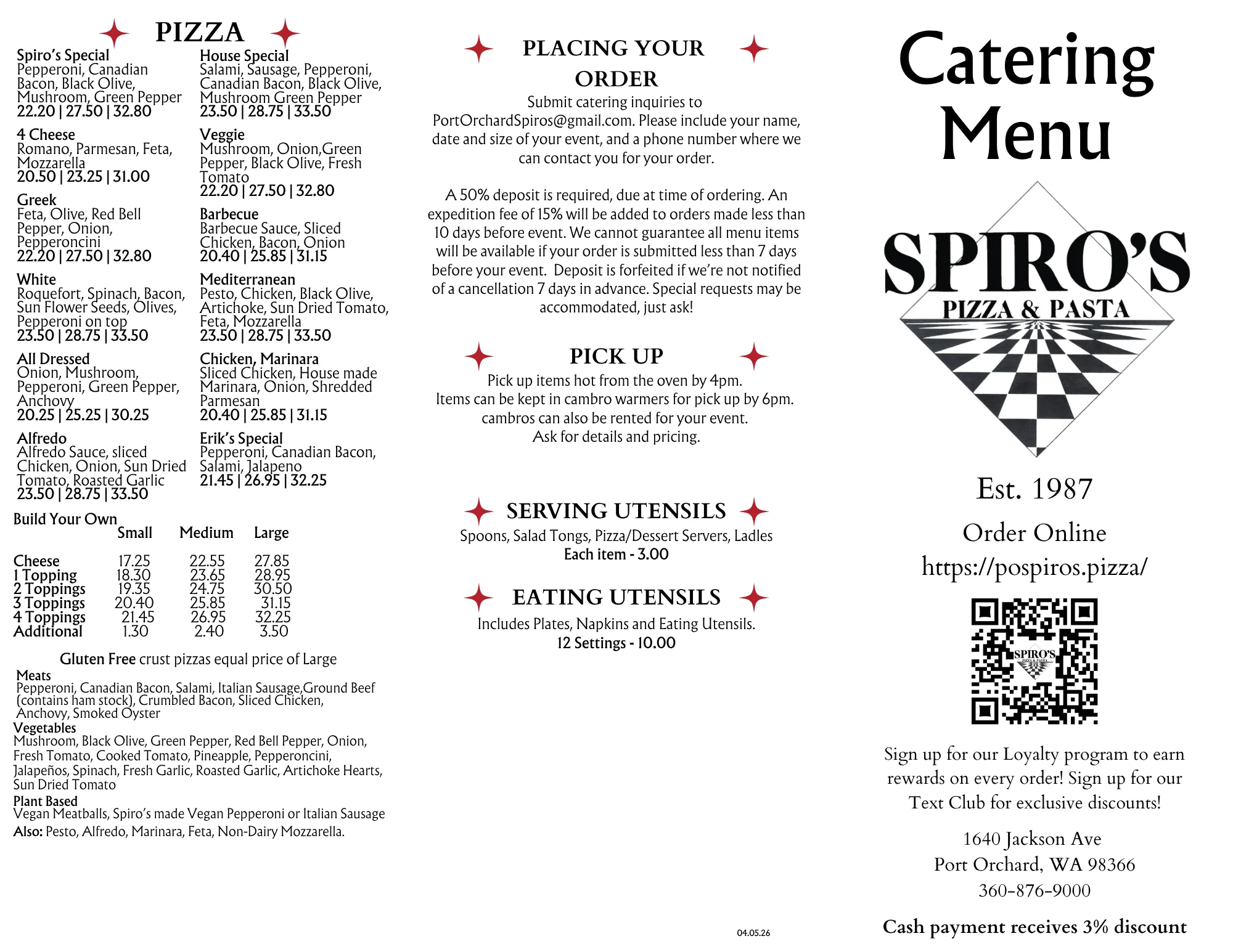 Catering menu from Spiros featuring various dishes and pricing.