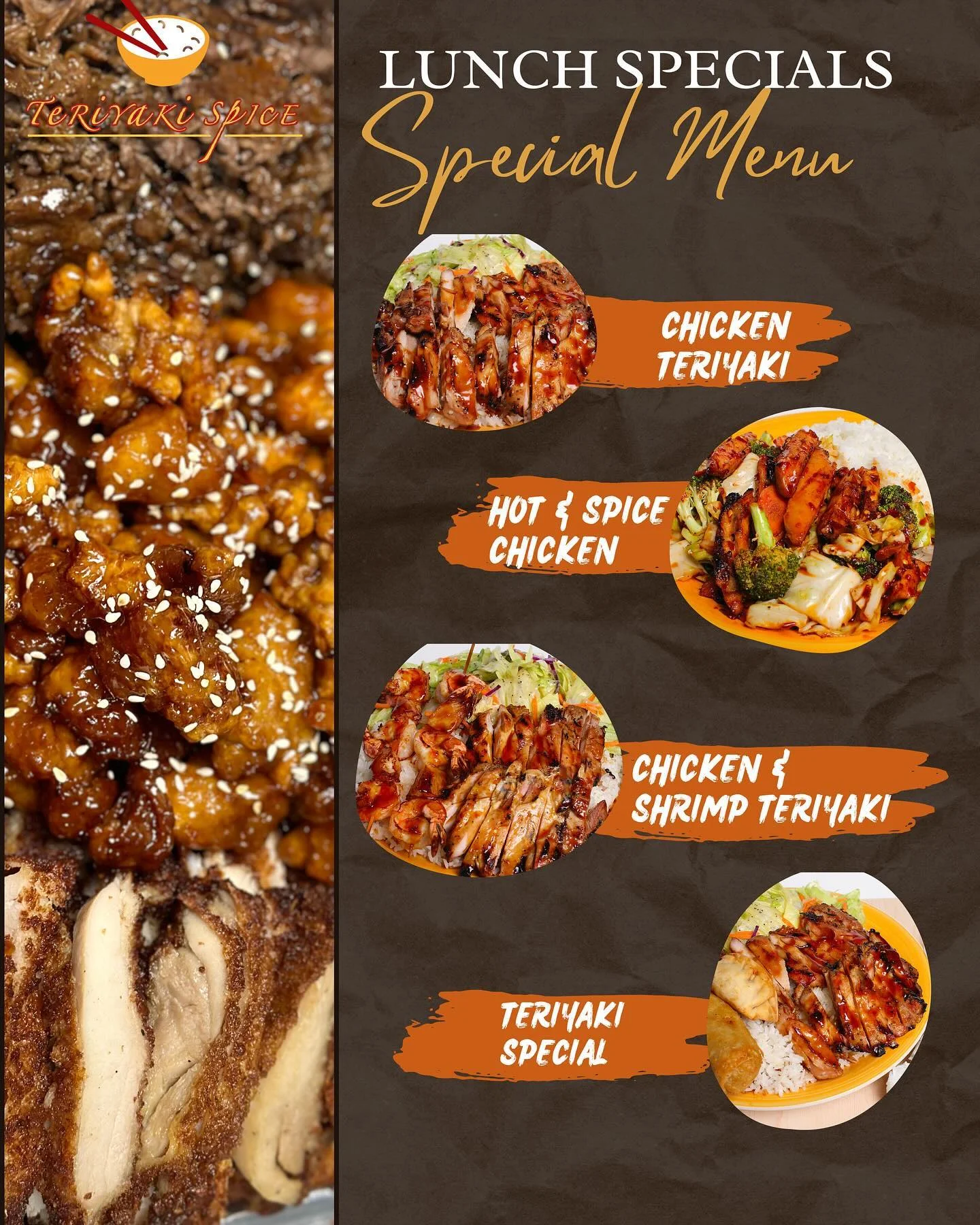A menu showcasing lunch specials featuring teriyaki dishes, including chicken and shrimp options, displayed with appealing images of the dishes.
