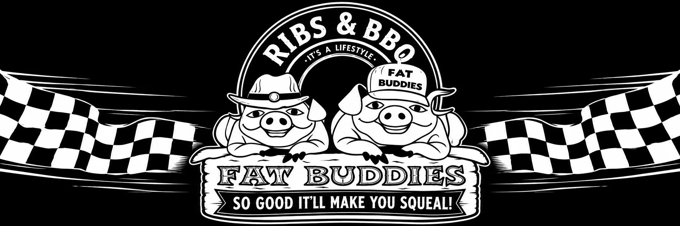 Logo of Fat Buddies BBQ featuring two cartoon pigs with hats.