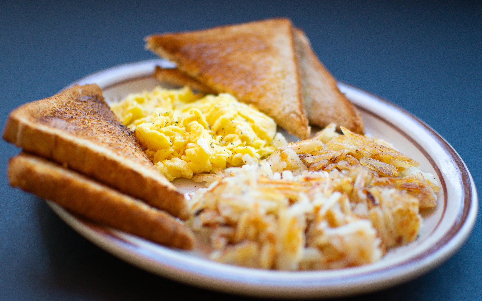Classic American breakfast with scrambled eggs and toast