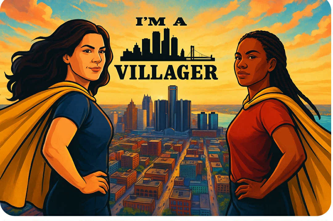 Illustration of two superheroes with city skyline backdrop