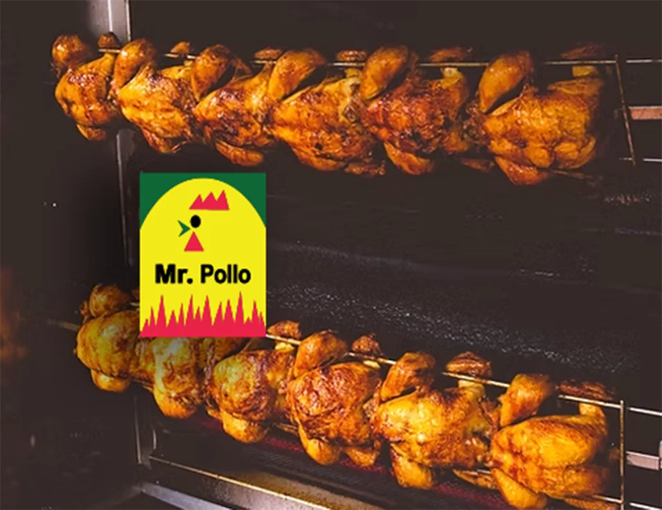 Rotisserie chickens cooking with Mr. Pollo logo overlay
