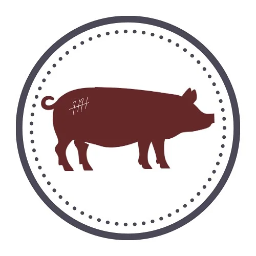 A simple silhouette of a pig enclosed in a circular design, emphasizing its shape.