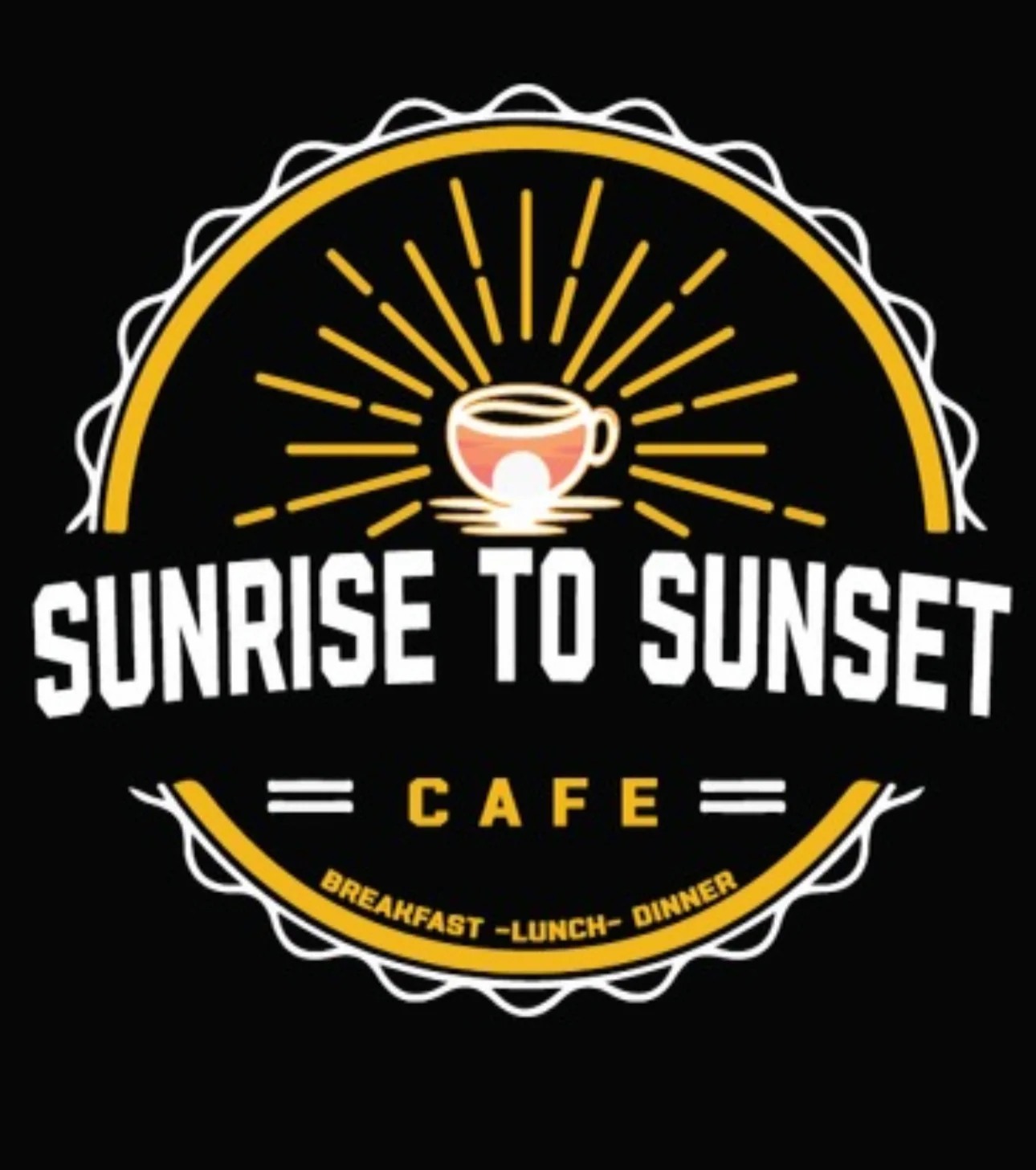 Logo of Sunrise to Sunset Cafe featuring coffee and sun rays