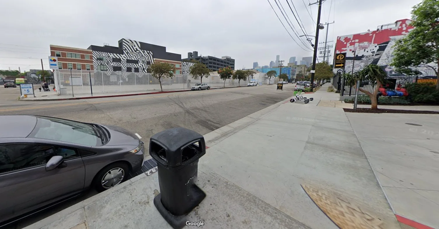 Urban street view with modern buildings and street art in Los Angeles
