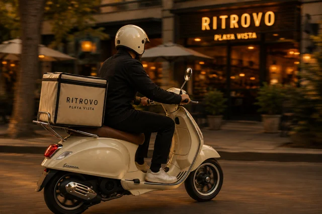 Delivery rider on a scooter outside Ritrovo restaurant