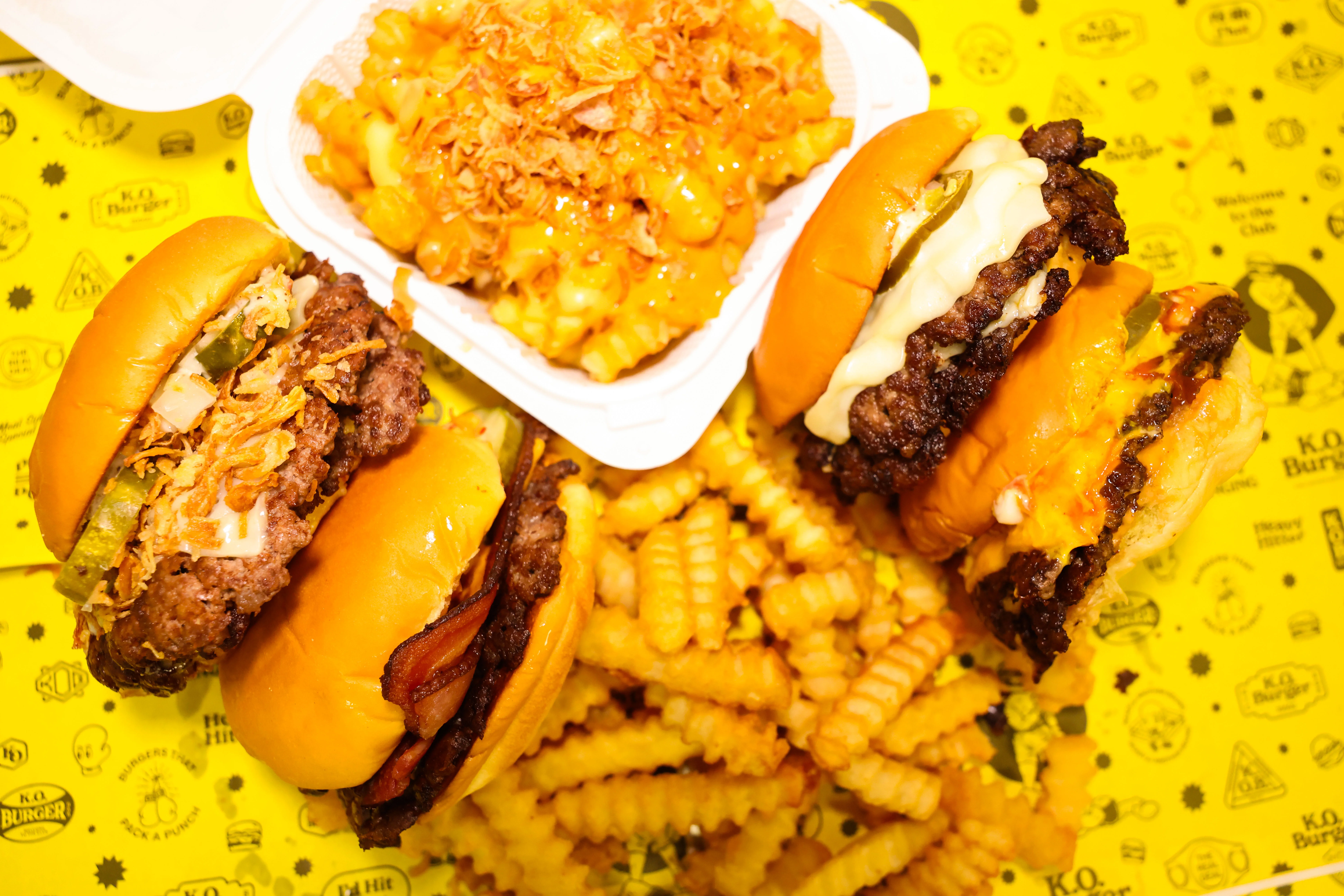 Gourmet American burgers with crinkle-cut fries