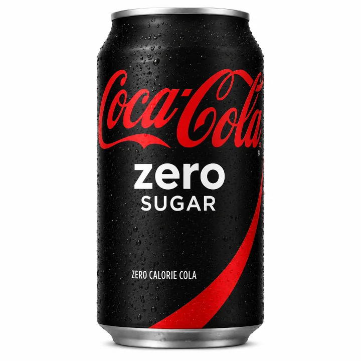 A can of a sugar-free carbonated drink with a sleek black design, featuring condensation on its surface.
