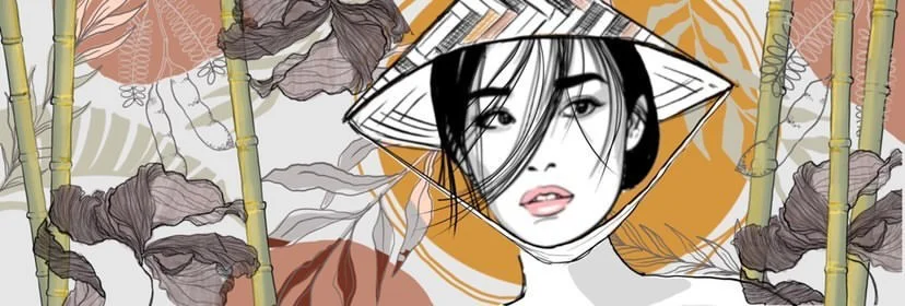 Stylized illustration of a woman in a conical hat surrounded by bamboo