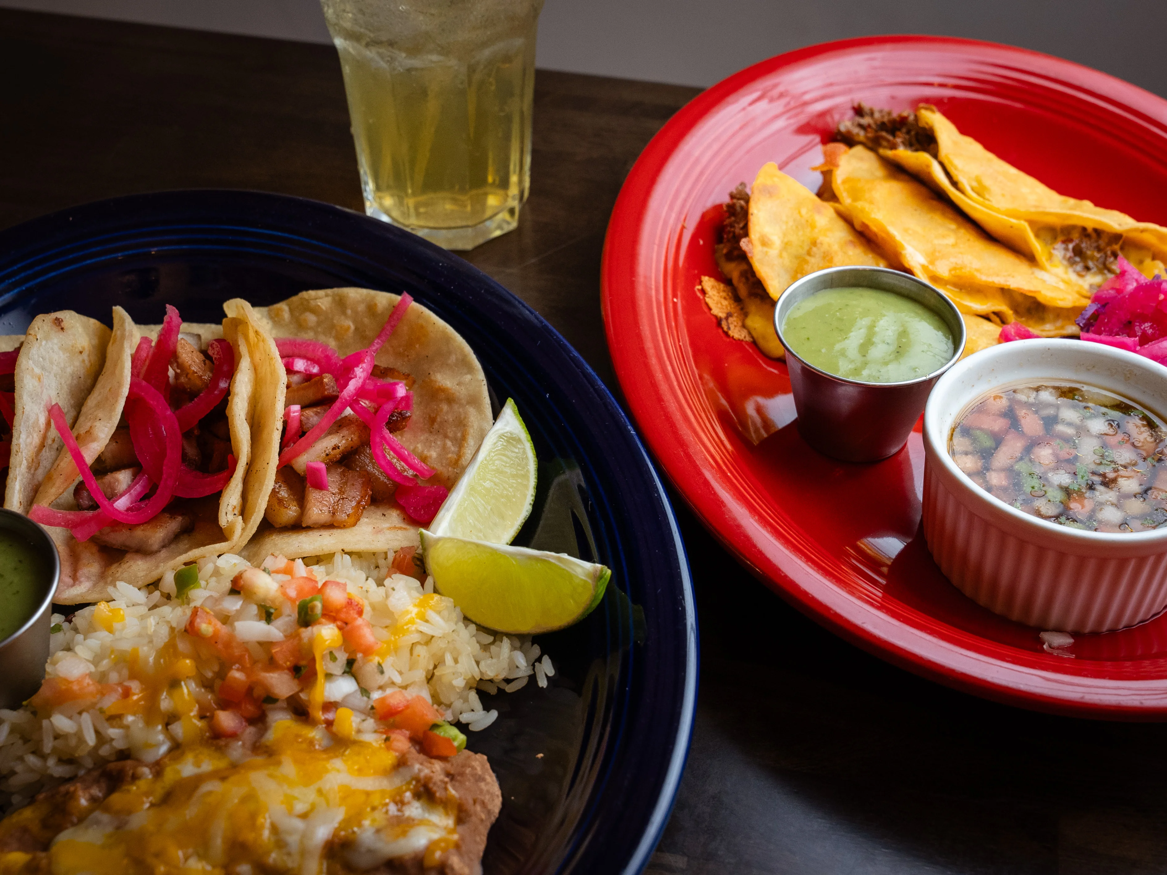 Authentic Mexican tacos with rice and beans