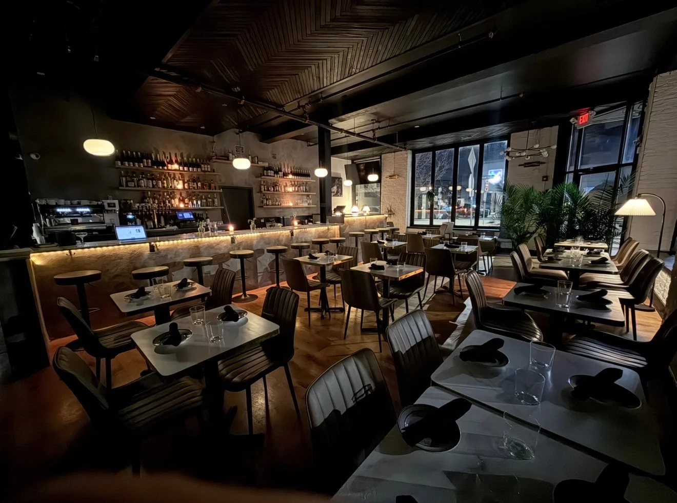 Stylish restaurant interior with modern decor and warm lighting