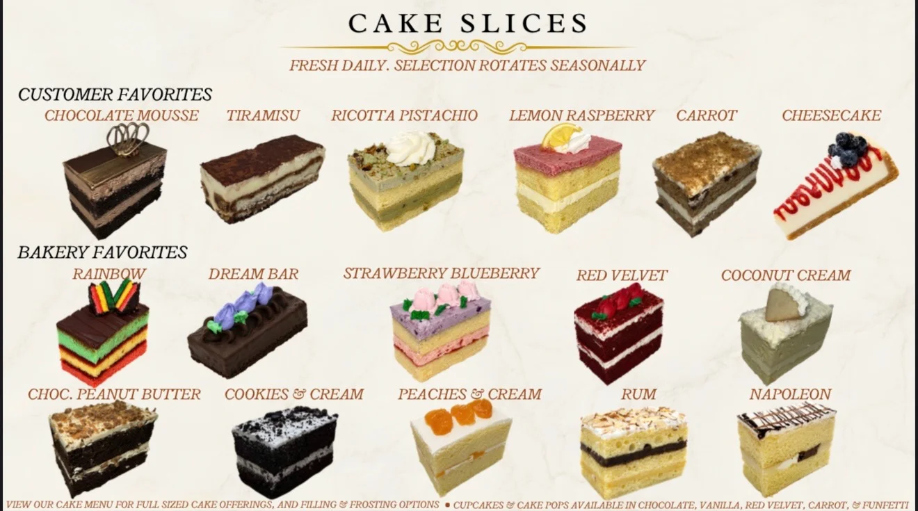 Variety of cake slices including tiramisu and red velvet