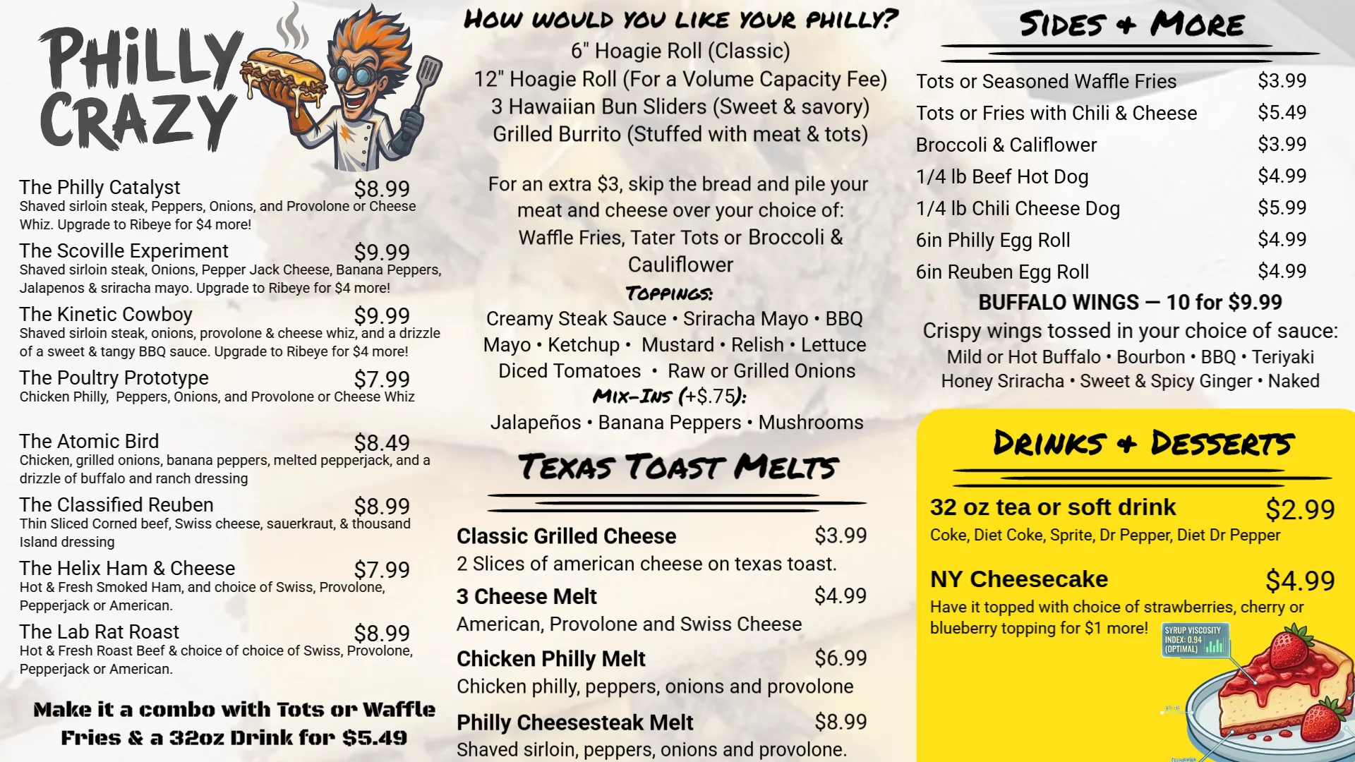 Menu featuring various Philly cheesesteaks and sides