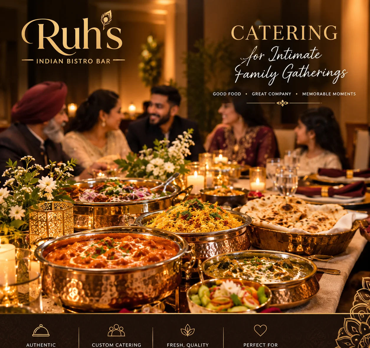 Indian catering buffet with biryani, naan, curry, and family dining