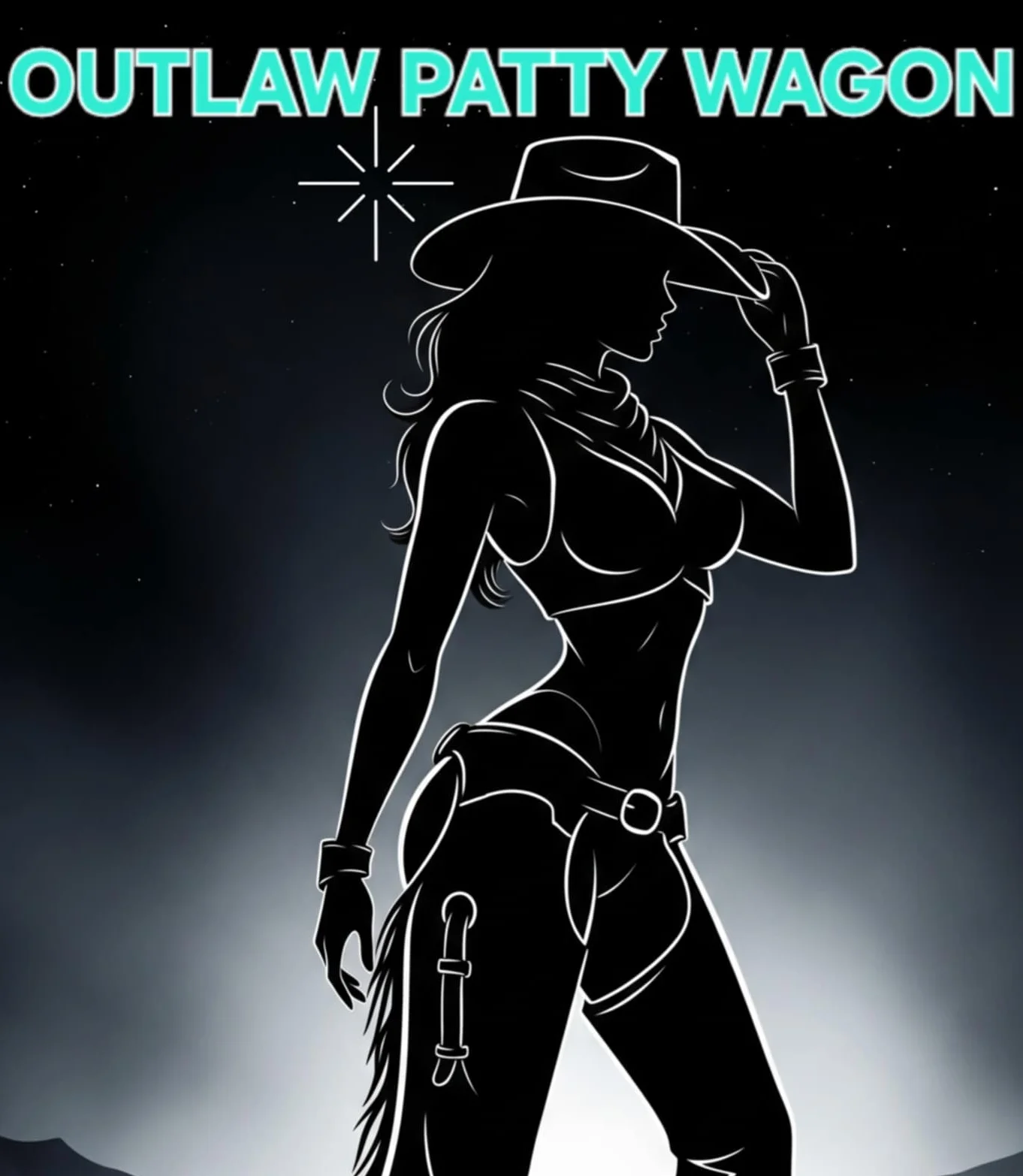 Silhouette of a cowgirl with a hat against a starry night background