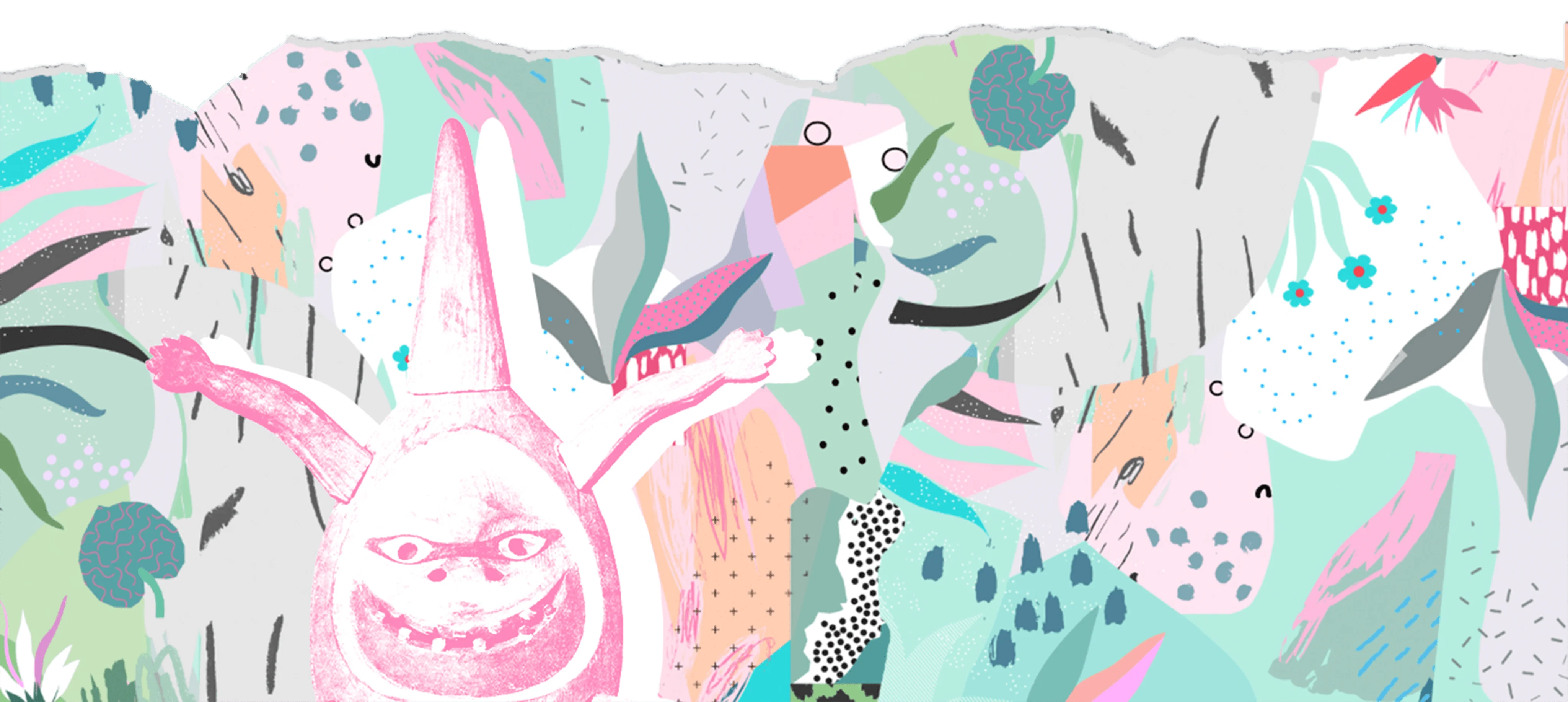 Colorful abstract illustration with playful character and vibrant patterns