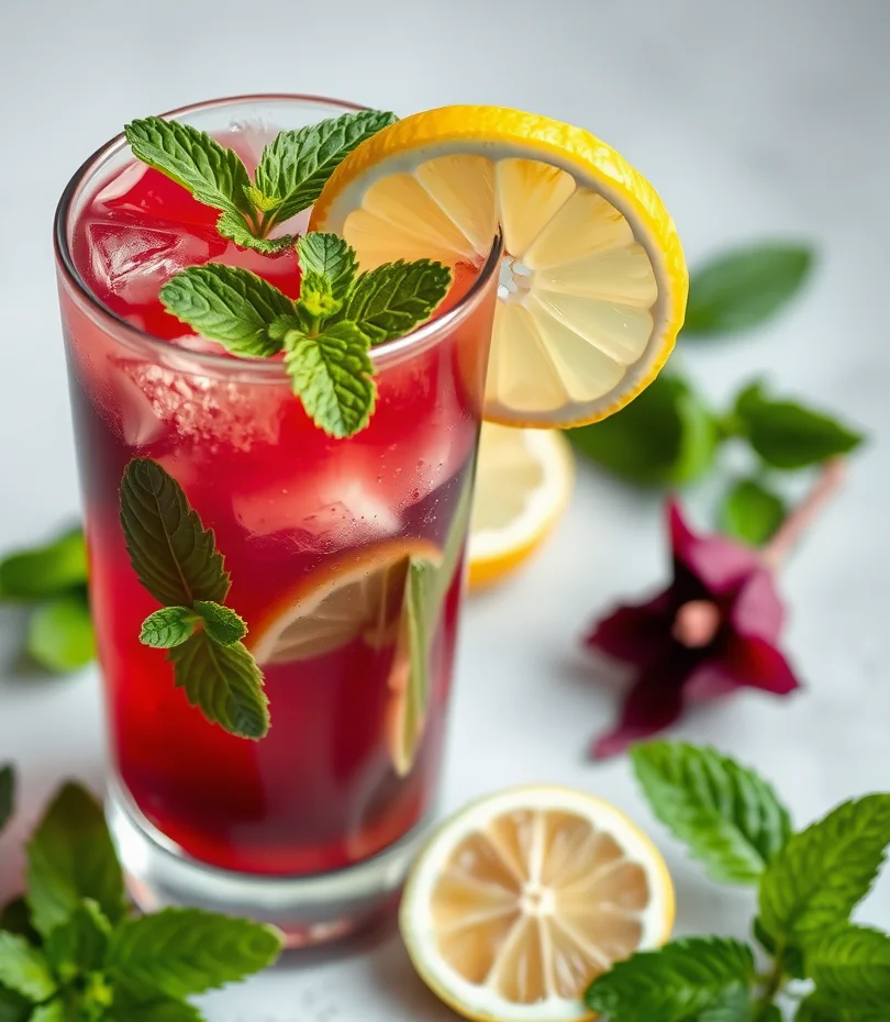 Refreshing hibiscus lemonade cocktail with mint and lemon