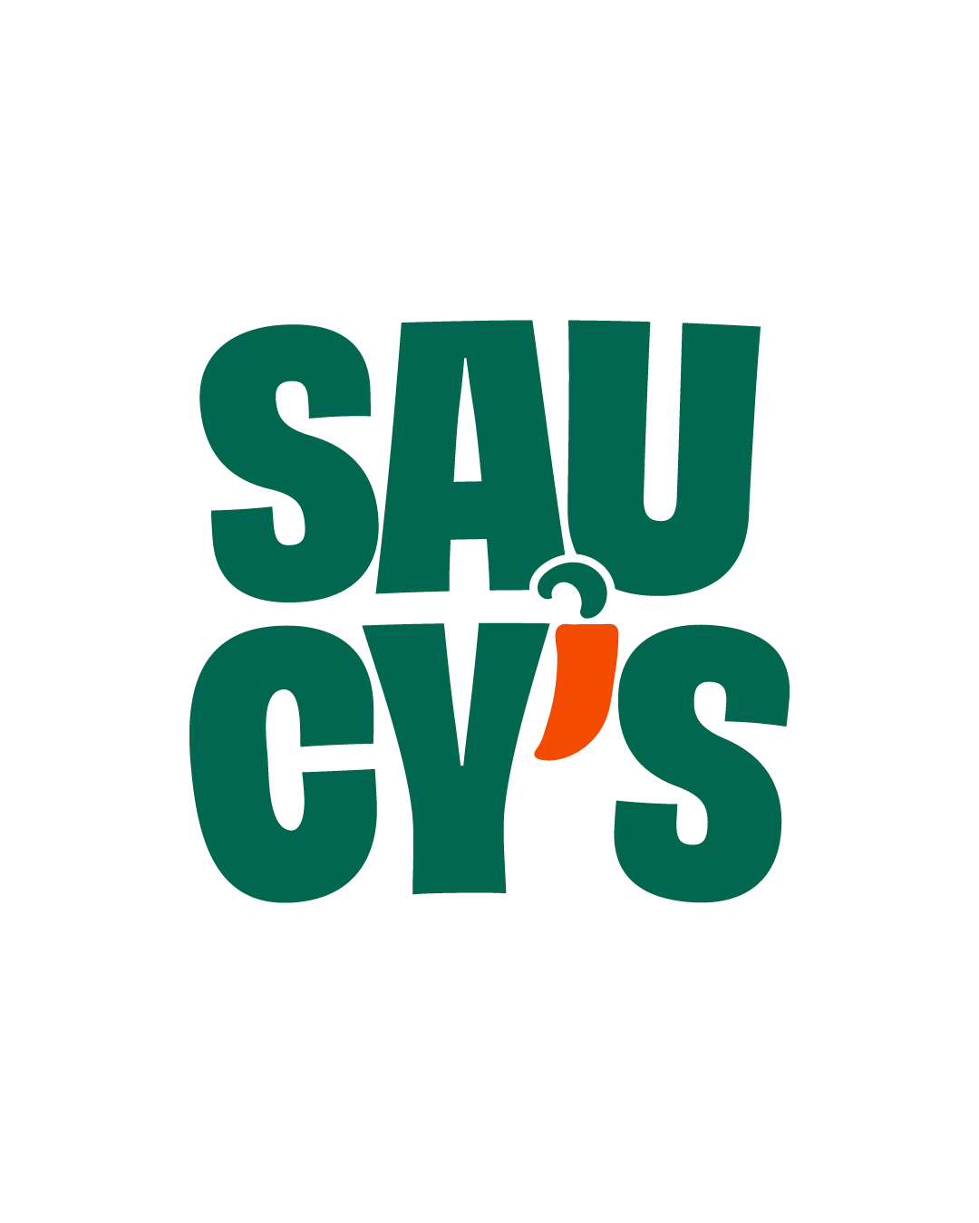 A stylized graphic display of the word 'SAUCY'S' in bold green letters with a distinct orange accent.
