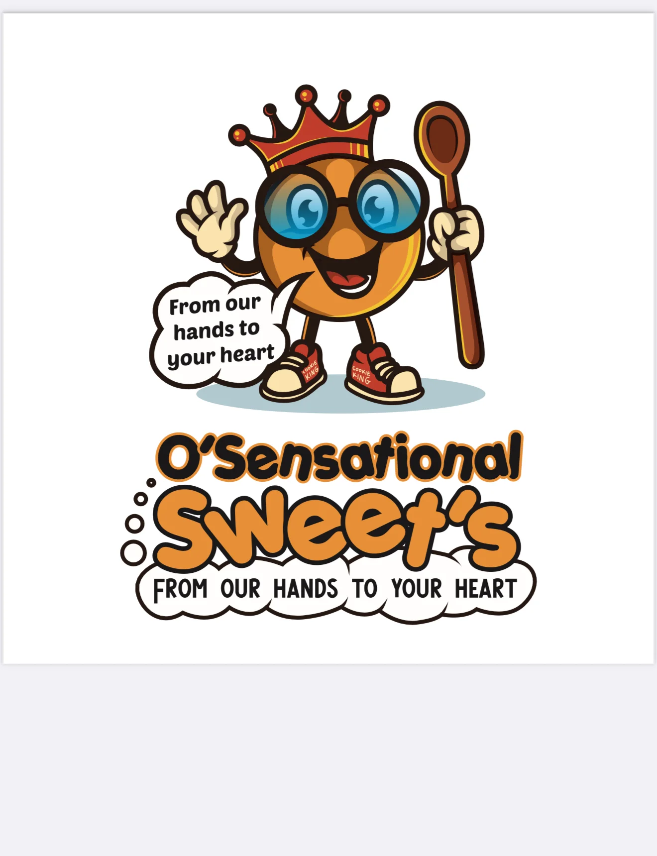 Cartoon mascot for O'Sensational Sweets with a spoon and crown
