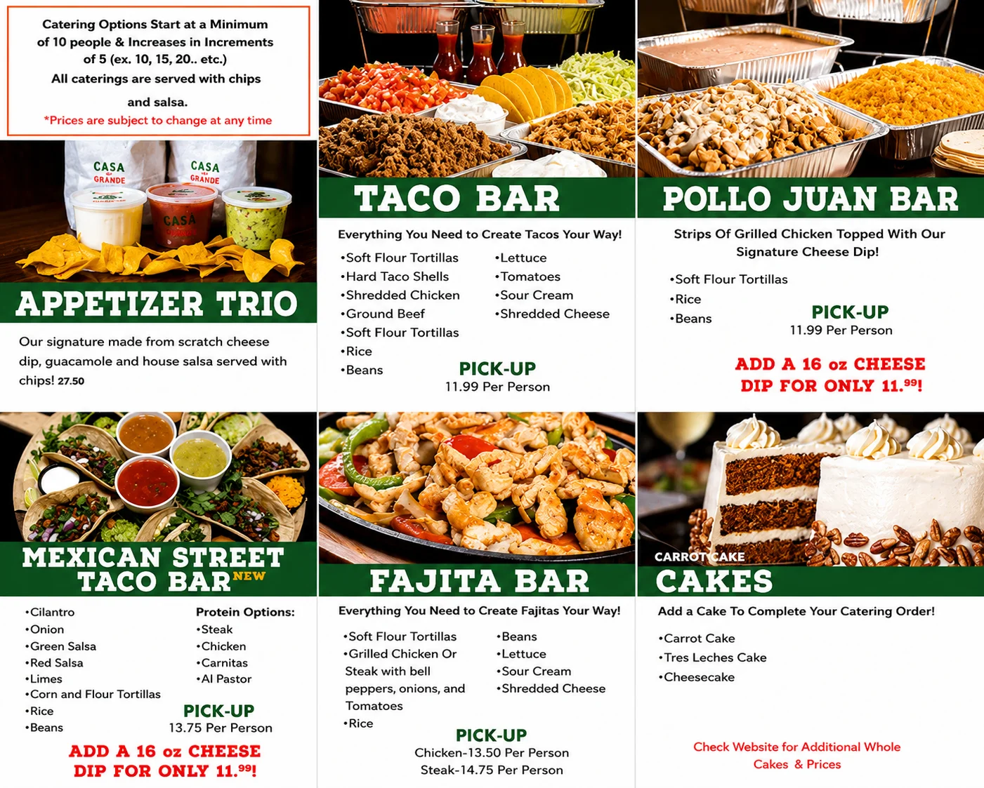 Catering menu featuring Mexican taco and fajita bars