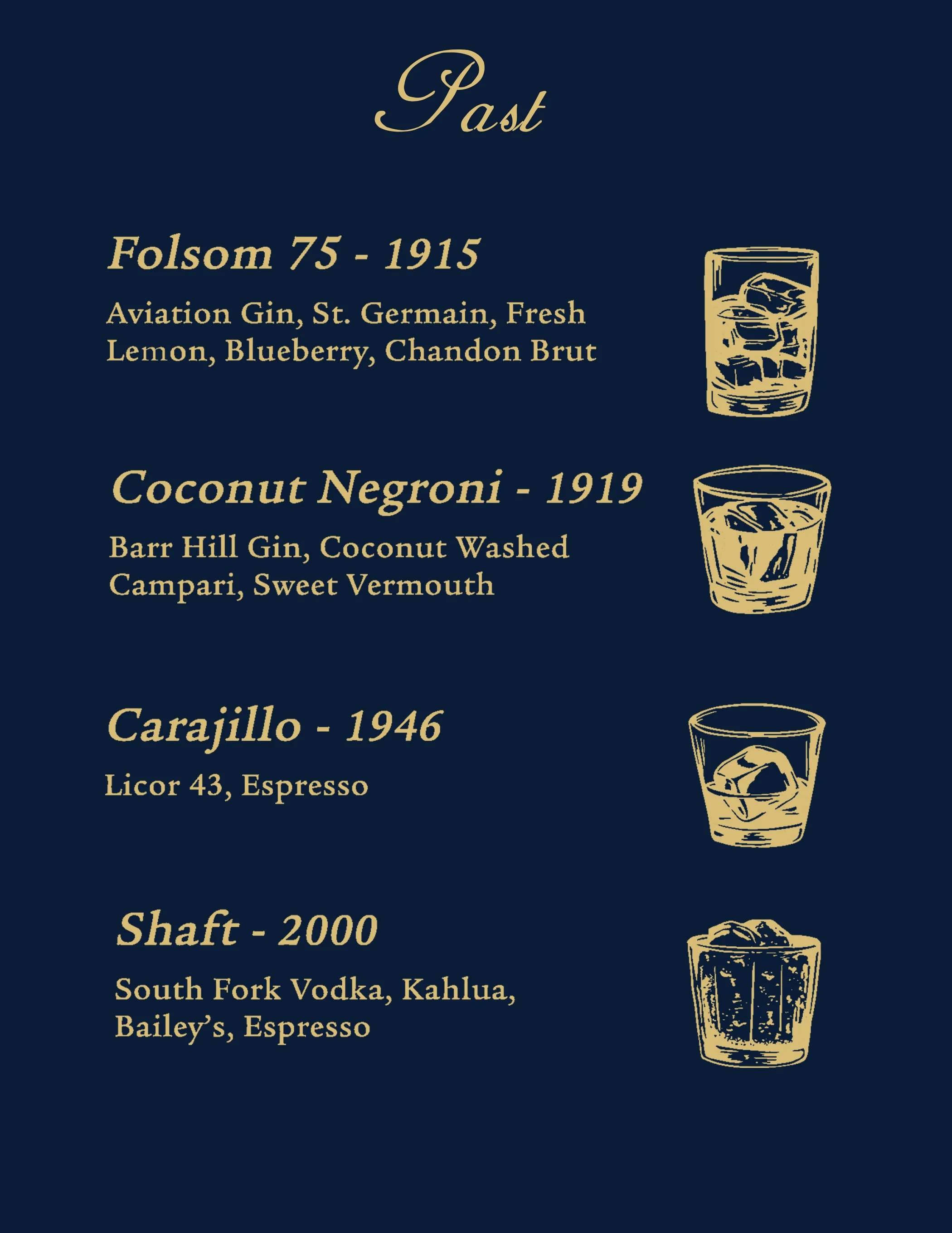 Cocktail menu featuring classic drinks from different eras