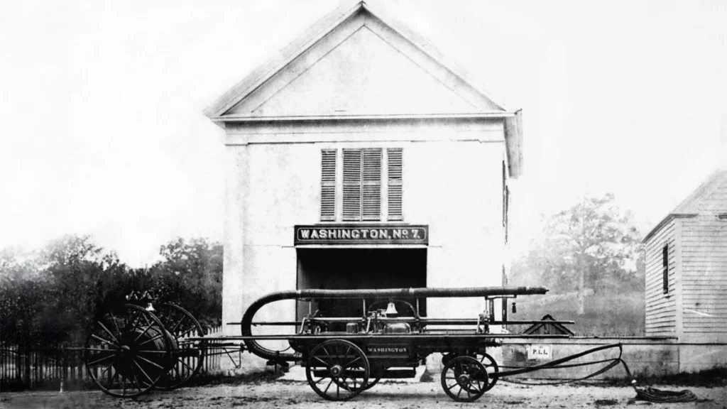 Historic fire engine outside Washington No. 7 firehouse