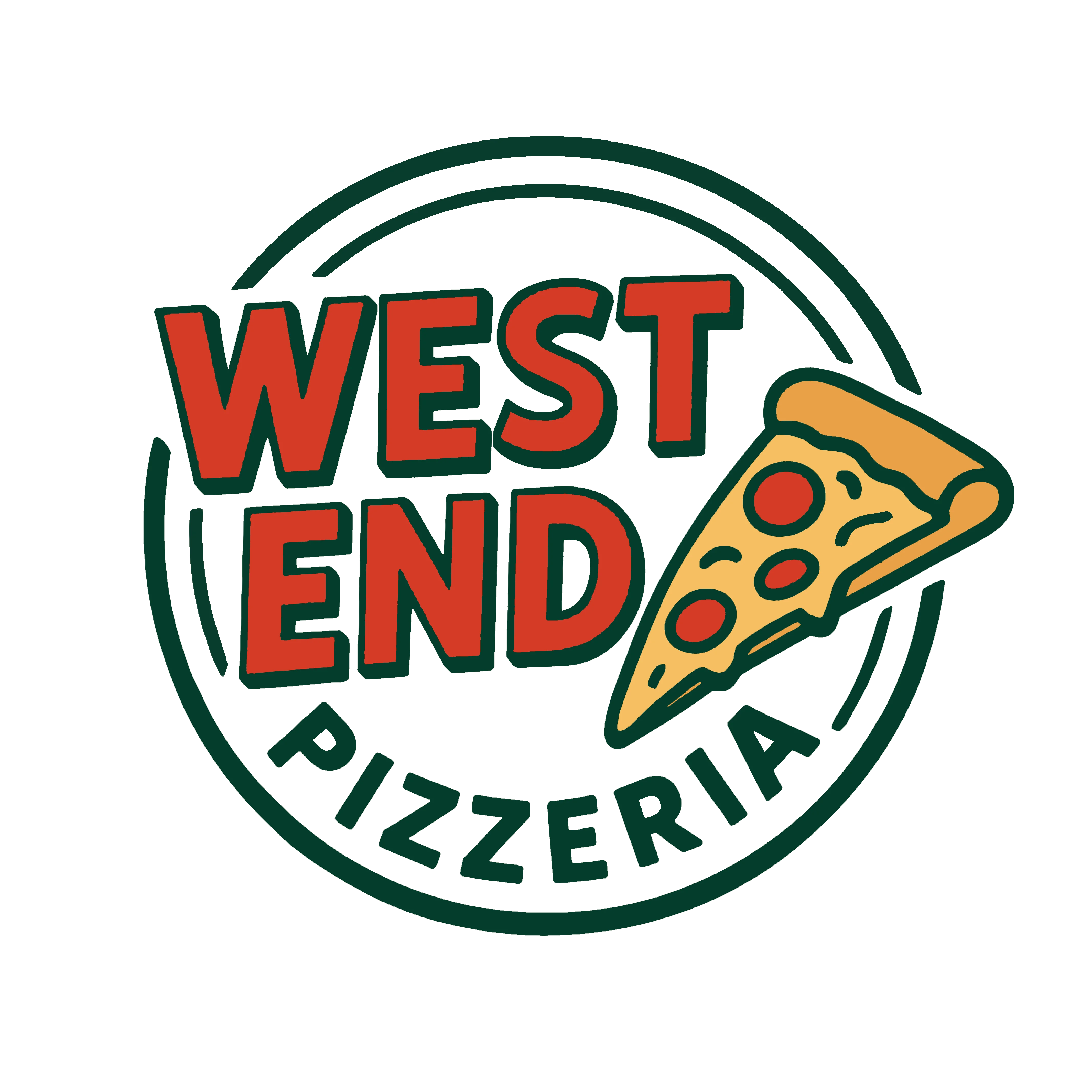 A logo showcasing the name 'WEST END' in prominent text paired with an illustration of a pizza slice, accompanied by the word 'PIZZERIA'.