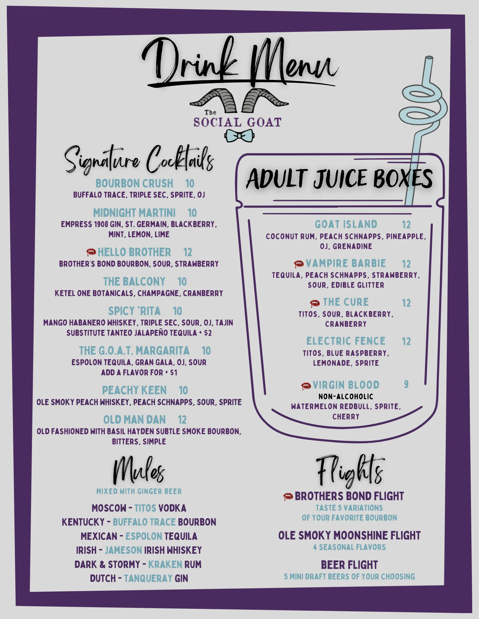 Drink menu featuring signature cocktails and adult juice boxes at The Social Goat