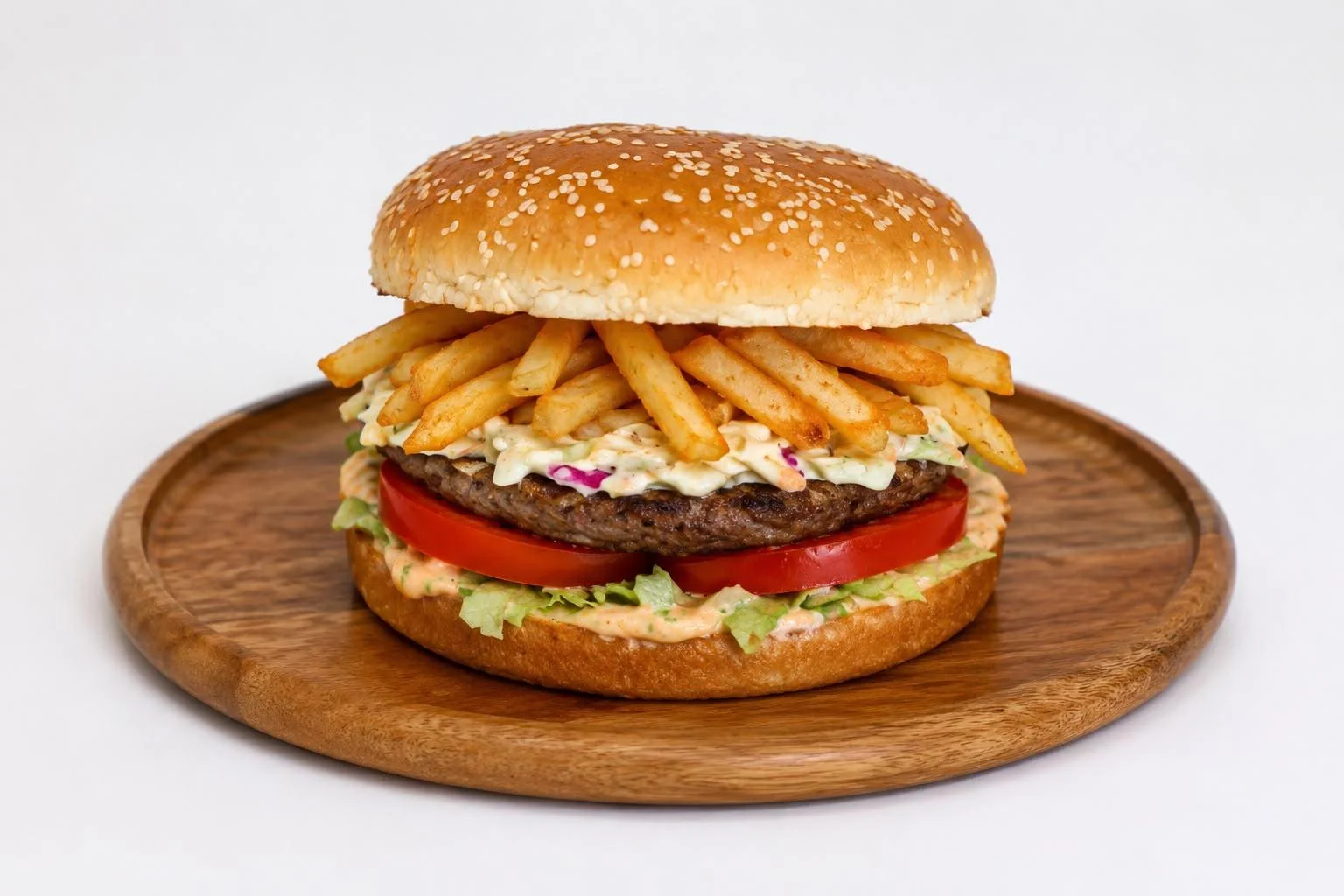 A burger topped with crispy French fries, a beef patty, lettuce, tomato, and a creamy sauce, presented in a sesame seed bun on a wooden plate.