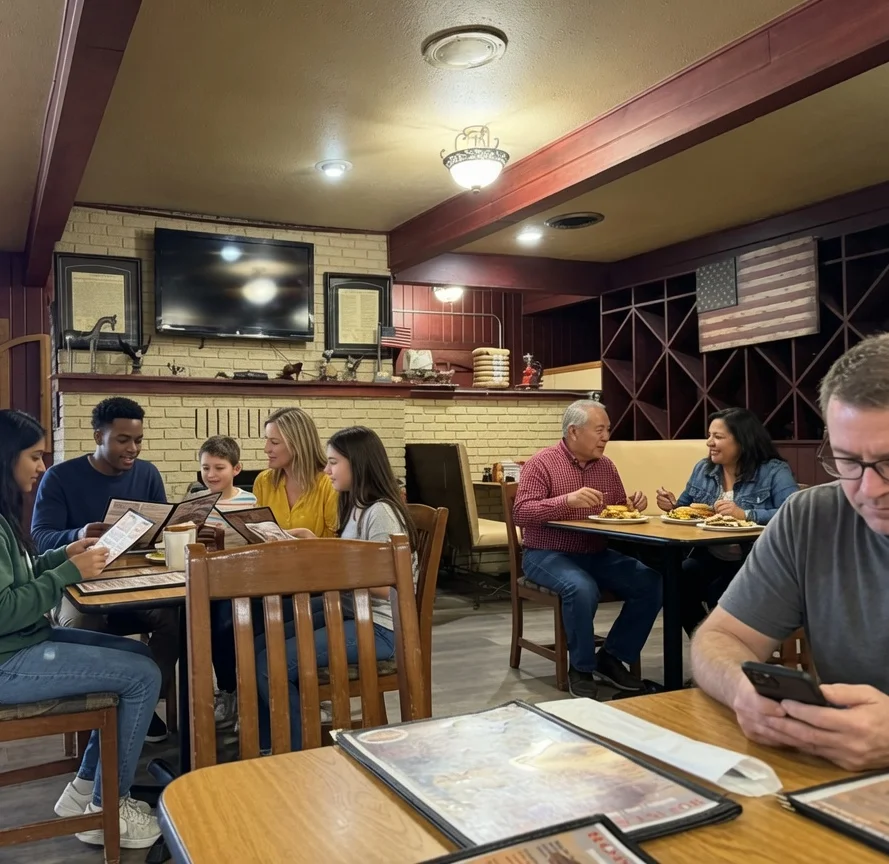 Cozy restaurant interior with families enjoying meals and warm lighting