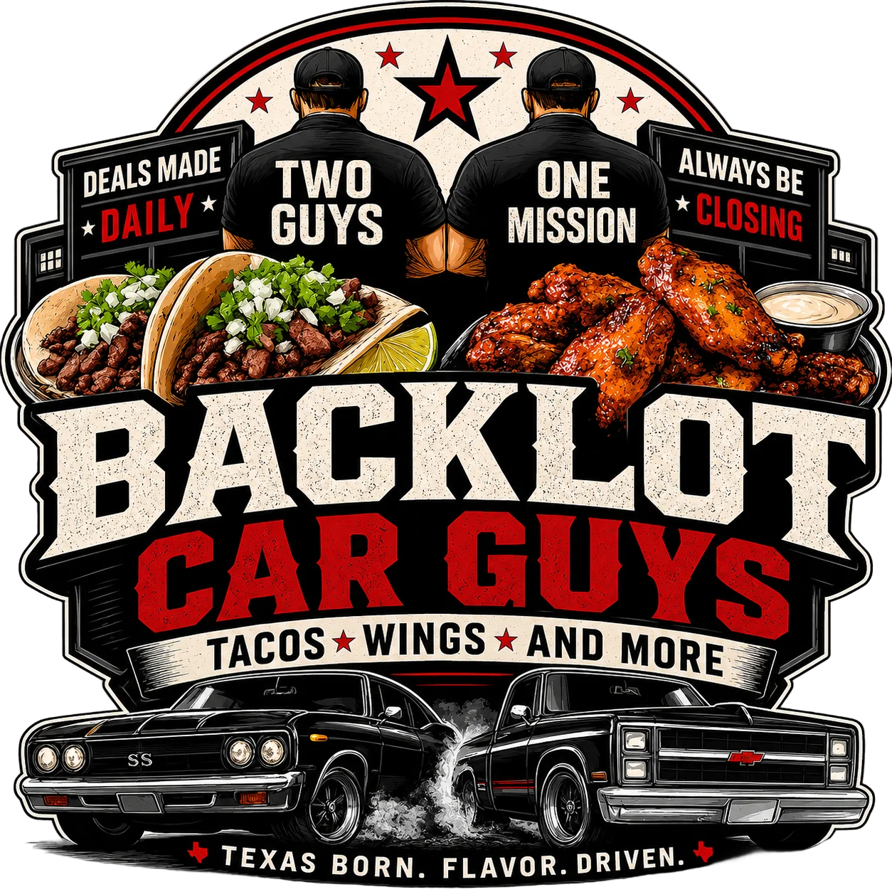Logo for Backlot Car Guys featuring tacos and wings