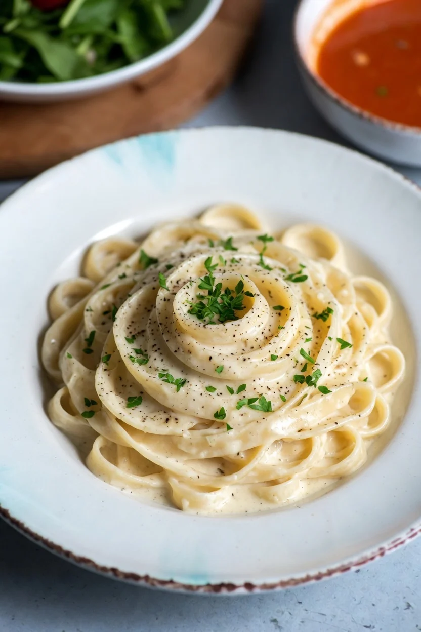 Creamy fettuccine Alfredo garnished with herbs