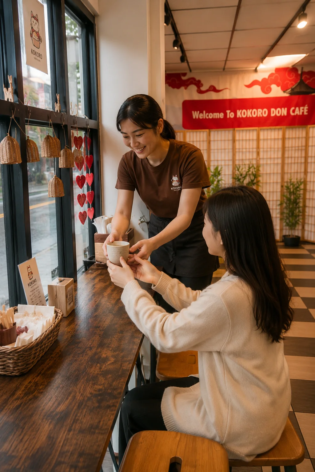 Barista serving a drink to a customer at Kokoro Don Café.