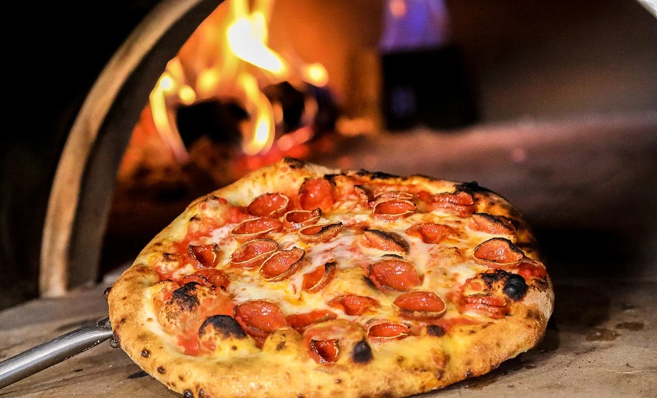 Pepperoni pizza from a wood-fired oven