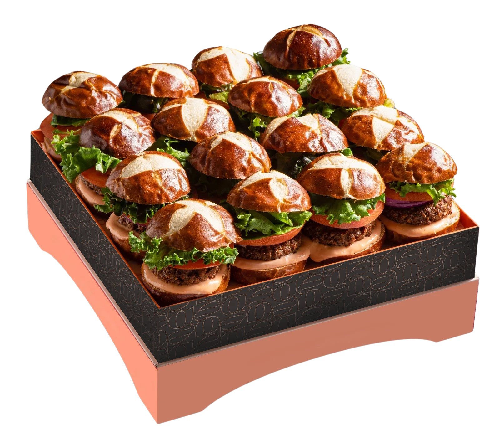Tray of pretzel slider burgers with lettuce and tomato