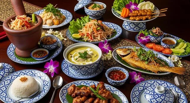 Authentic Thai feast with green curry, papaya salad, and grilled fish