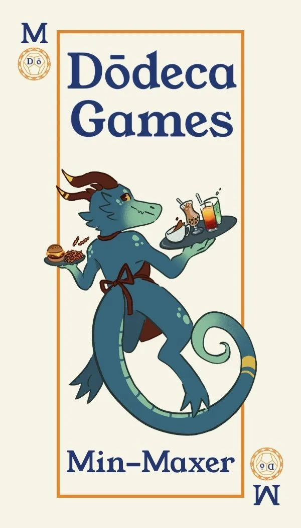 Colorful illustration of a dragon character serving food and drinks