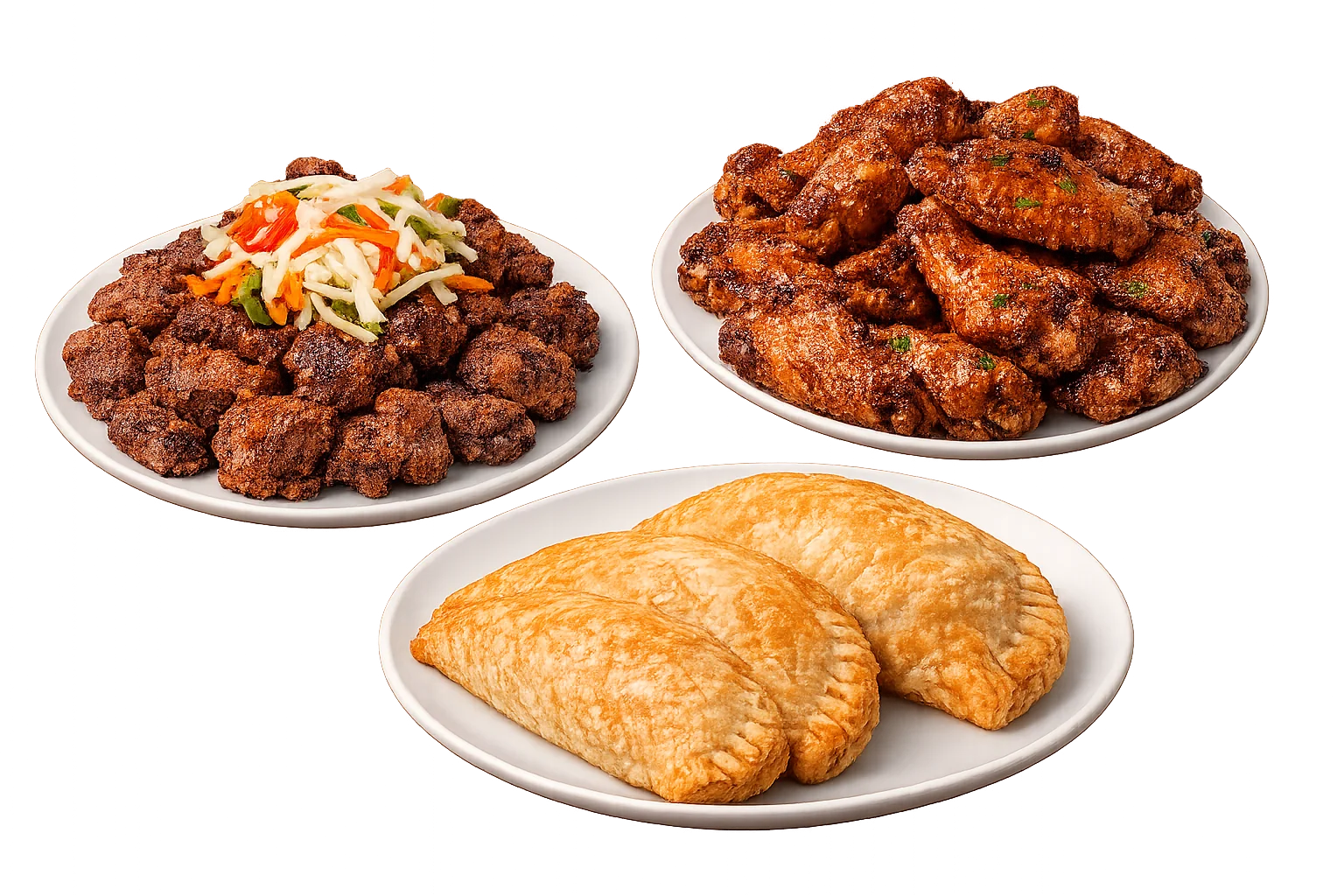 Caribbean-style fried chicken wings with beef patties and seasoned meat