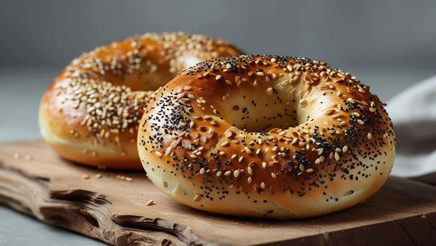 Freshly baked bagels with sesame and poppy seeds