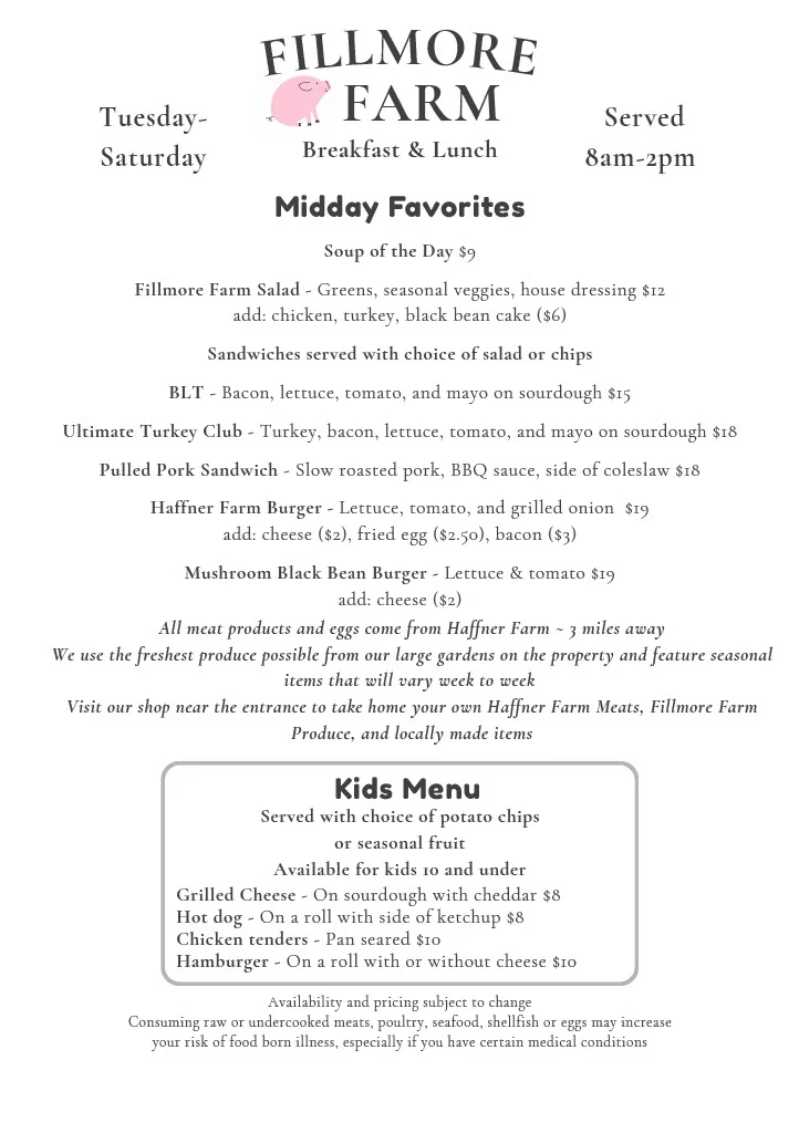 Farm-to-table lunch menu featuring sandwiches and salads