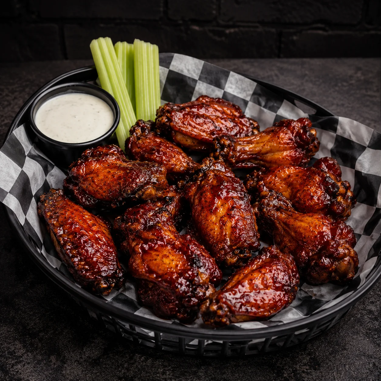 Crispy buffalo chicken wings served with celery and ranch dressing