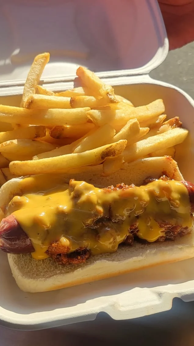 Cheesy chili hot dog with fries