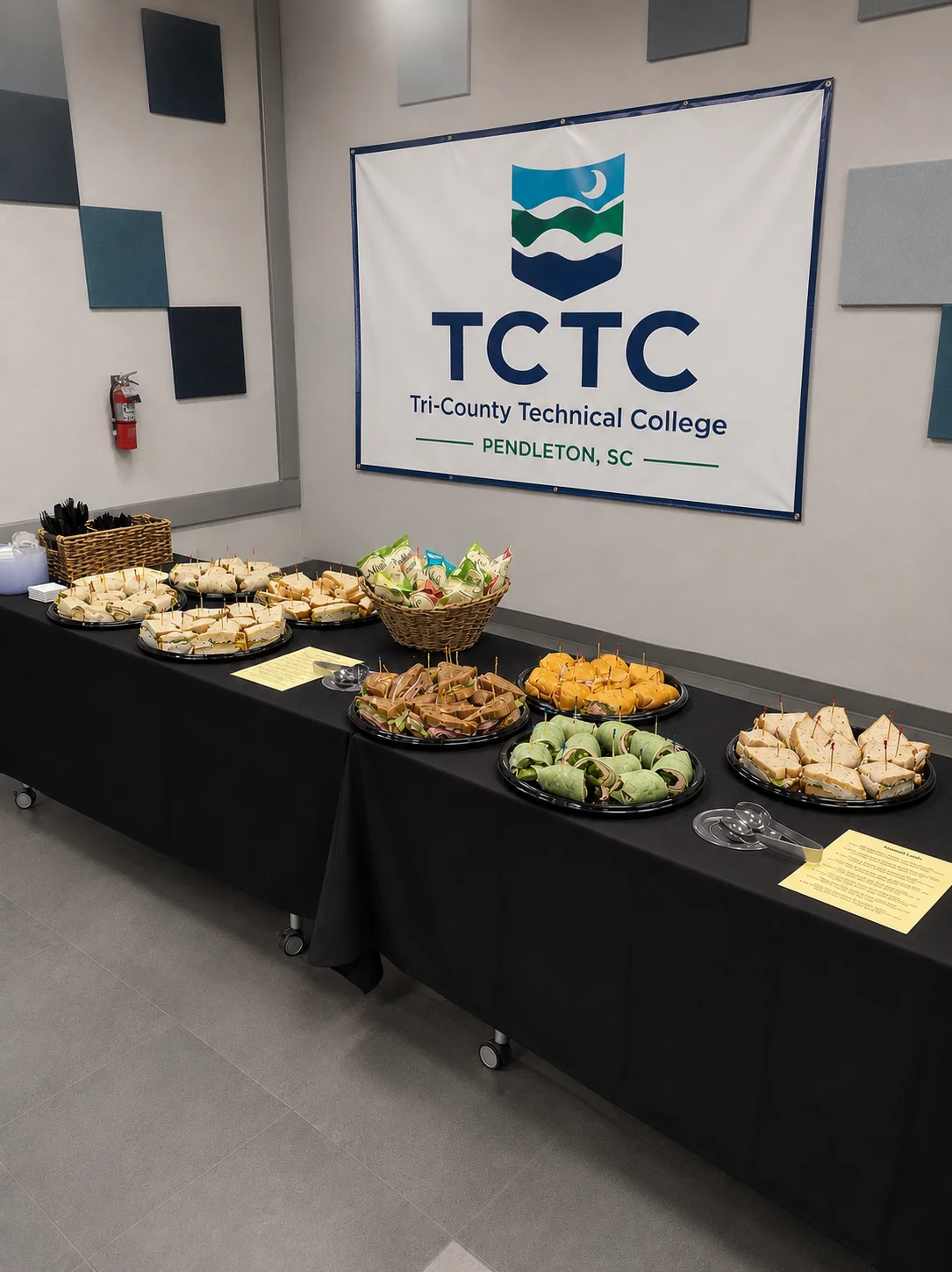 A buffet table with various sandwiches and snacks in a modern setting.