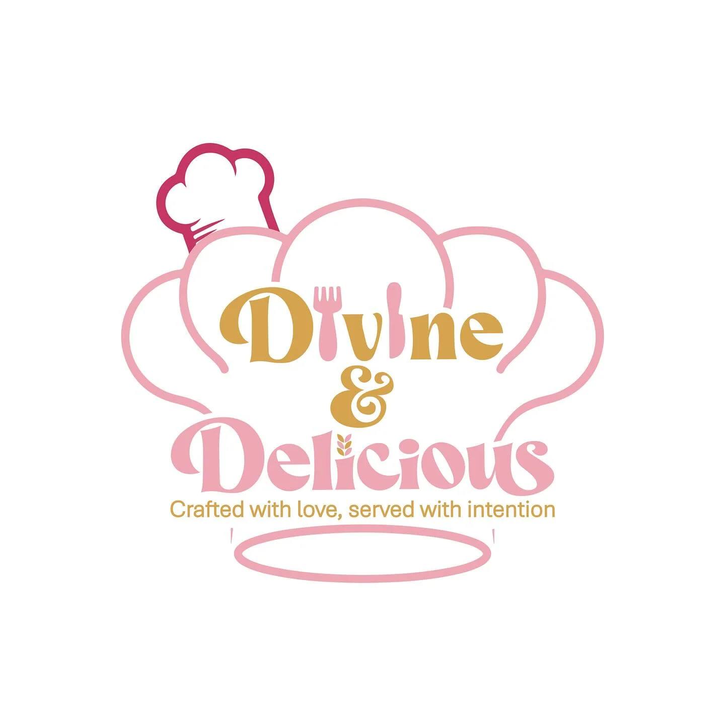 A logo featuring a chef's hat and the text 'Divine & Delicious', emphasizing love and intention in baking.