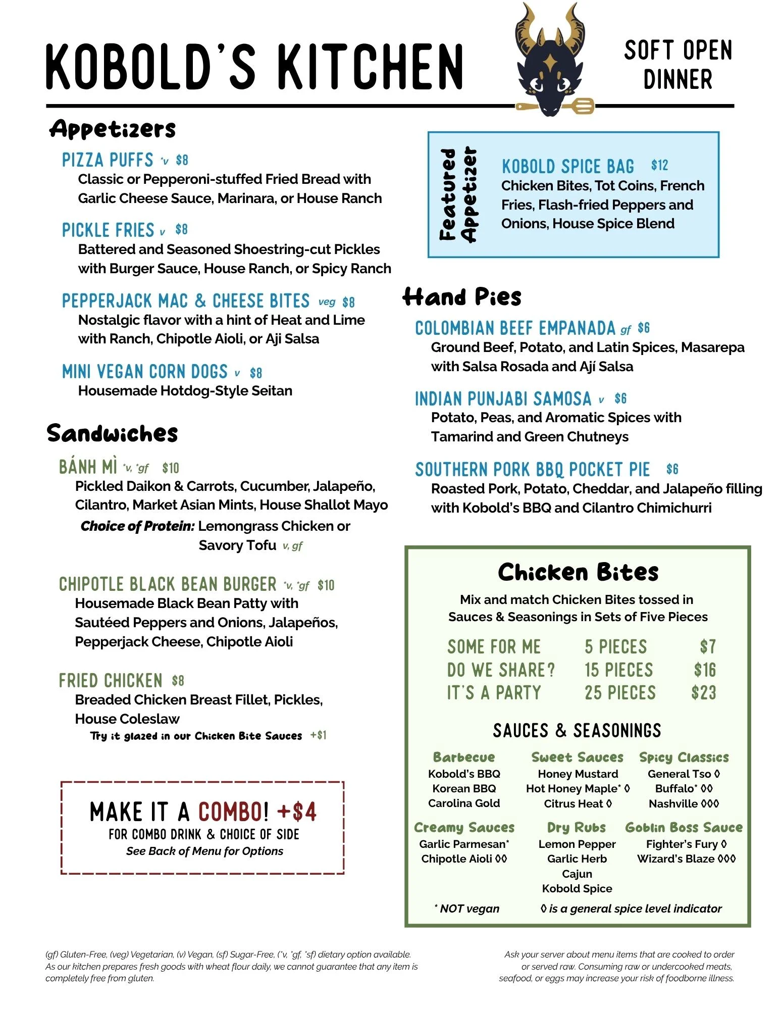 Menu featuring diverse global appetizers and hand pies