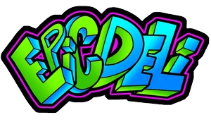 A colorful and stylized graphic mural featuring the text 'Epic Deli' in vibrant letters.