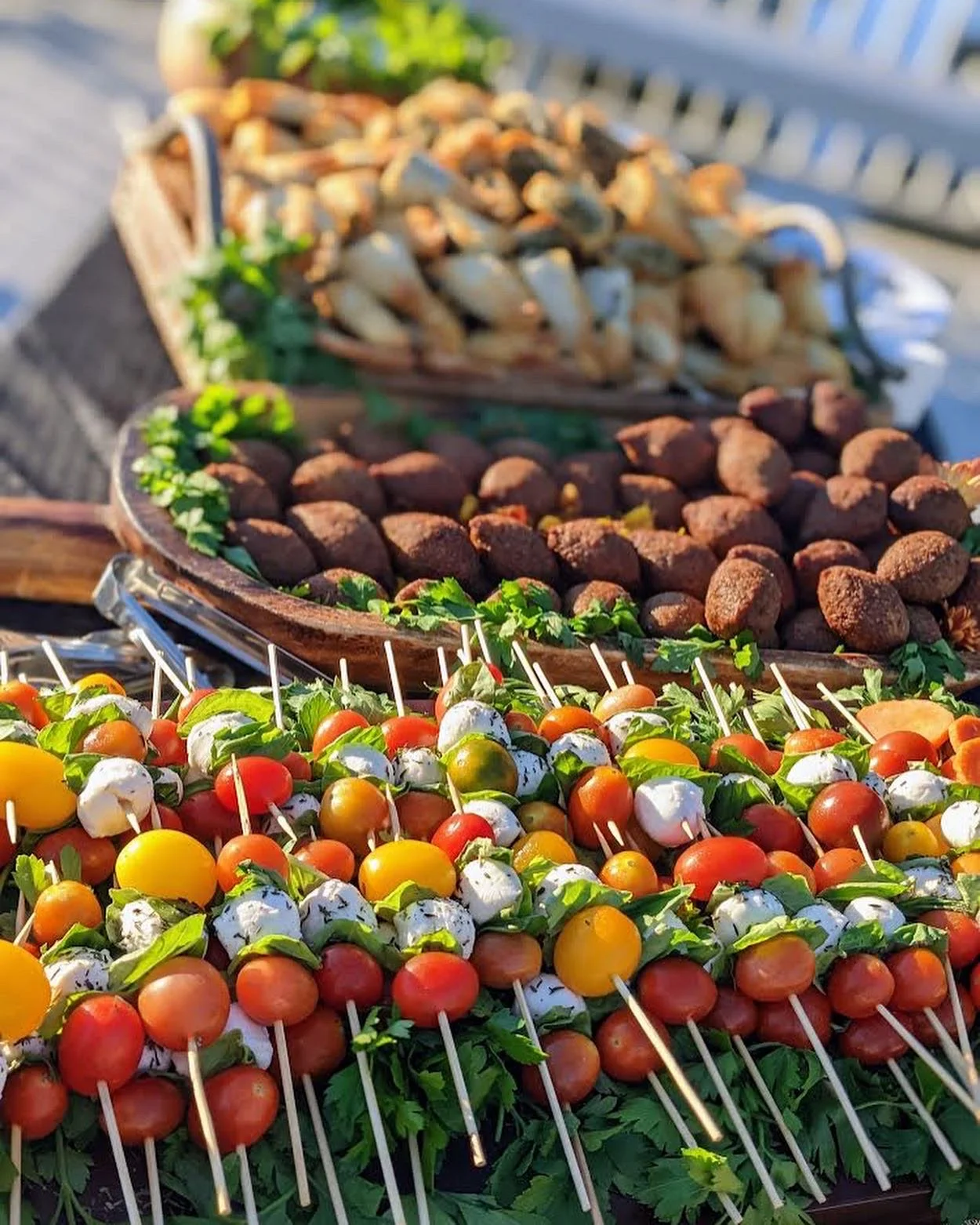 Mediterranean mezze platter with skewered vegetables and falafel