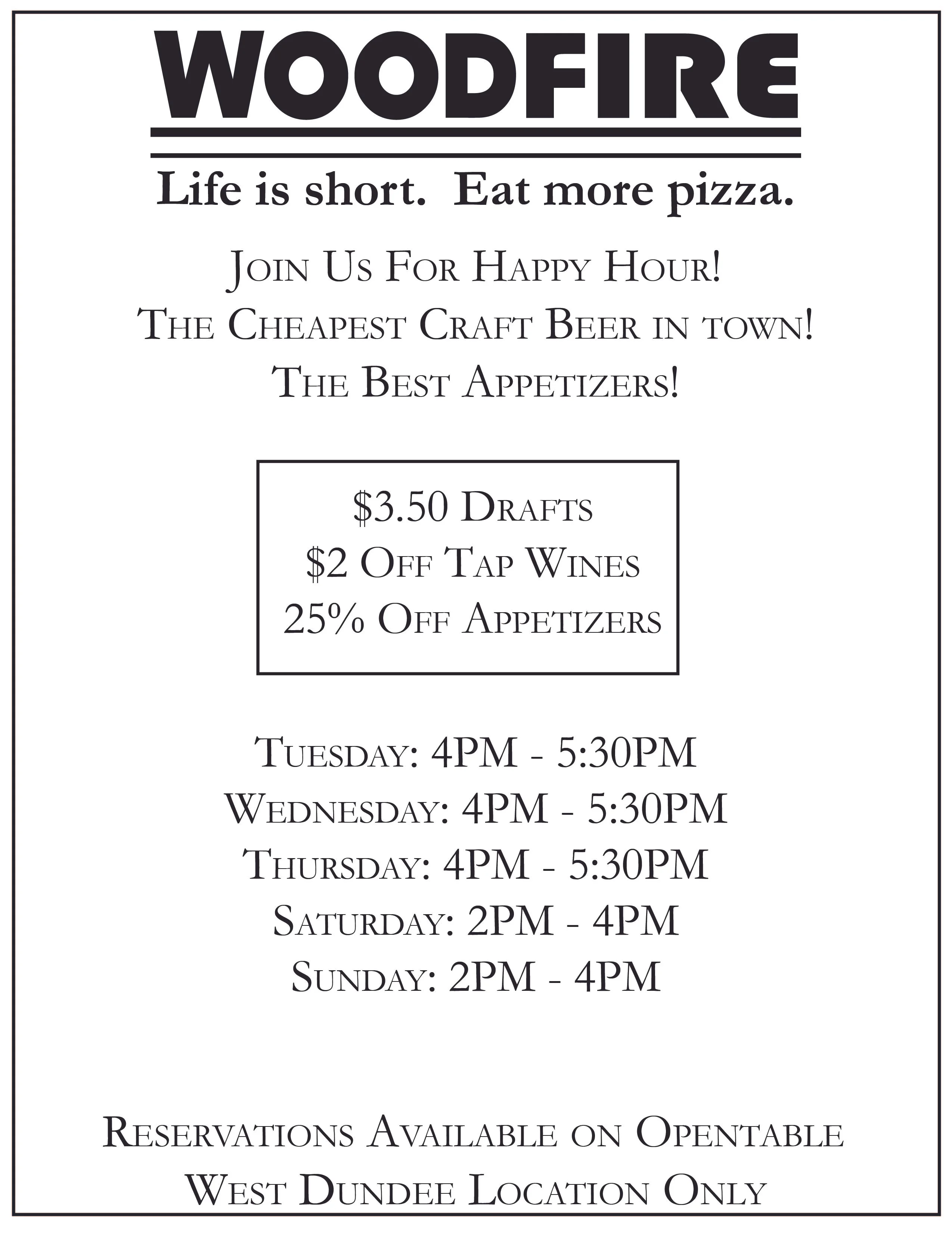 Happy hour promotion at Woodfire restaurant with craft beer and appetizers