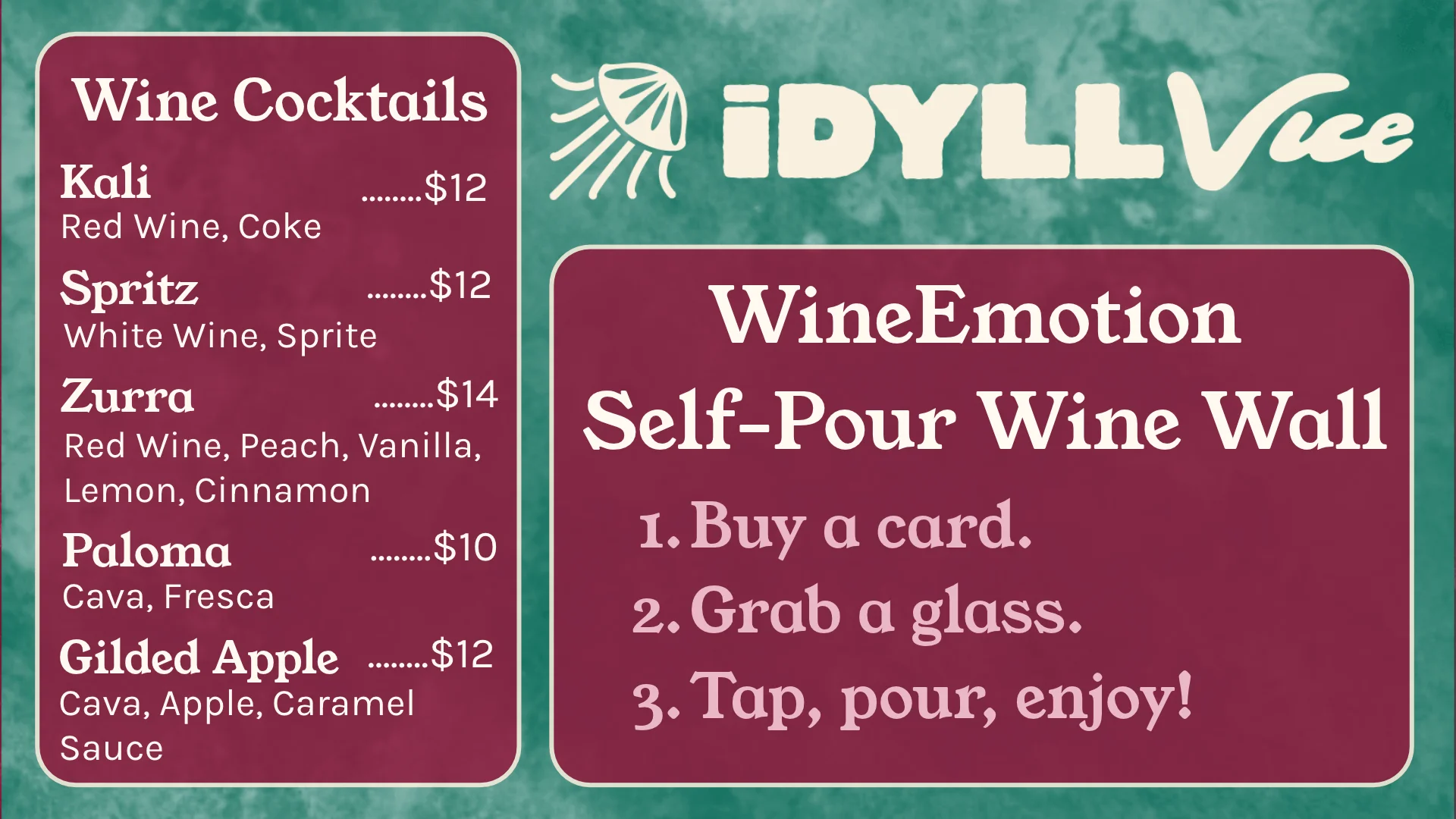 Restaurant wine cocktail menu and self-pour wine wall instructions