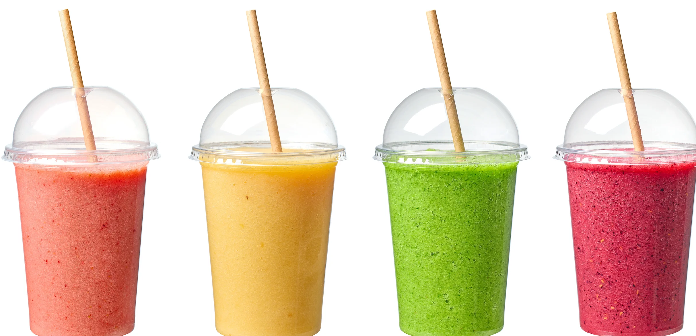 Four colorful smoothie cups in clear plastic containers, each with a straw. The flavors appear to vary in color from red to green.